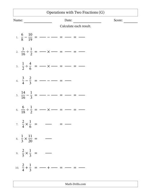 The Operations with Two Proper Fractions with Unlike Denominators, Proper Fractions Results and Some Simplifying (Fillable) (G) Math Worksheet