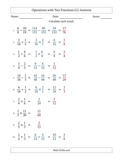 The Operations with Two Proper Fractions with Unlike Denominators, Proper Fractions Results and Some Simplifying (Fillable) (G) Math Worksheet Page 2