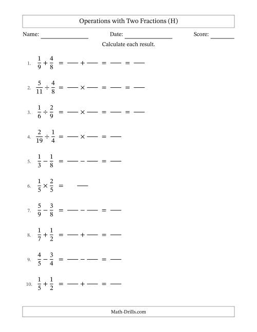 The Operations with Two Proper Fractions with Unlike Denominators, Proper Fractions Results and Some Simplifying (Fillable) (H) Math Worksheet