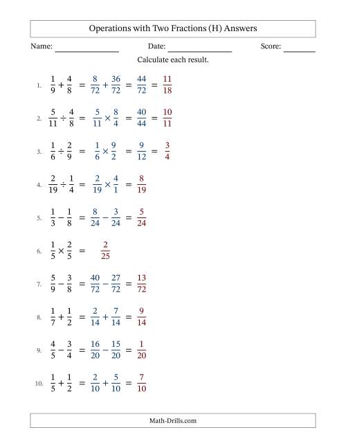 The Operations with Two Proper Fractions with Unlike Denominators, Proper Fractions Results and Some Simplifying (Fillable) (H) Math Worksheet Page 2