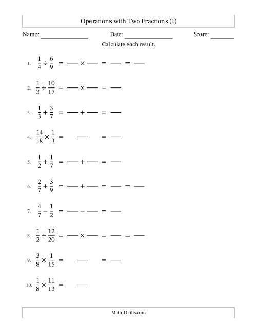The Operations with Two Proper Fractions with Unlike Denominators, Proper Fractions Results and Some Simplifying (Fillable) (I) Math Worksheet