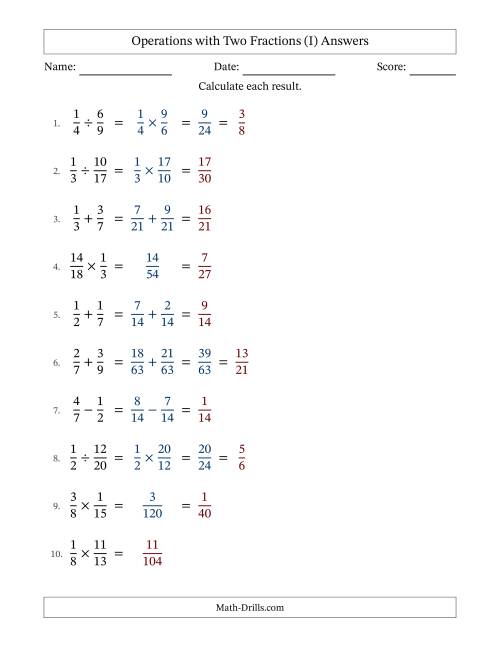 The Operations with Two Proper Fractions with Unlike Denominators, Proper Fractions Results and Some Simplifying (Fillable) (I) Math Worksheet Page 2