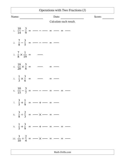 The Operations with Two Proper Fractions with Unlike Denominators, Proper Fractions Results and Some Simplifying (Fillable) (J) Math Worksheet