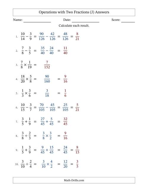 The Operations with Two Proper Fractions with Unlike Denominators, Proper Fractions Results and Some Simplifying (Fillable) (J) Math Worksheet Page 2