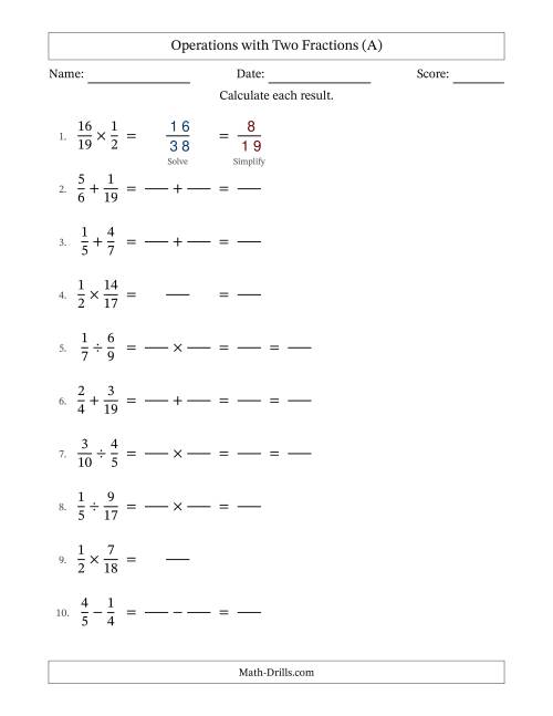 The Operations with Two Proper Fractions with Unlike Denominators, Proper Fractions Results and Some Simplifying (Fillable) (All) Math Worksheet