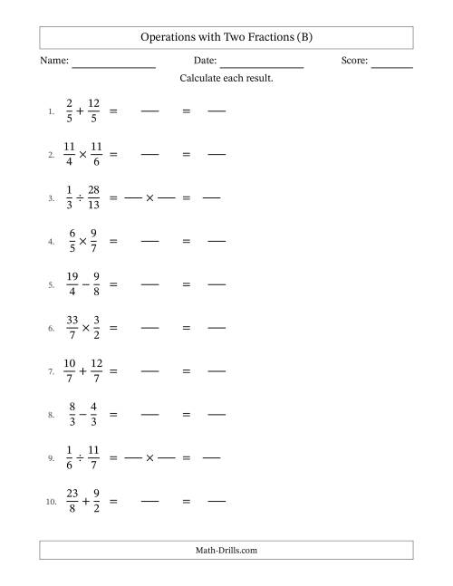 The Operations with Proper and Improper Fractions with Equal Denominators, Mixed Fractions Results and No Simplifying (Fillable) (B) Math Worksheet