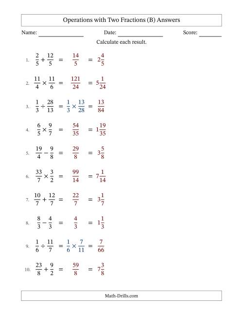 The Operations with Proper and Improper Fractions with Equal Denominators, Mixed Fractions Results and No Simplifying (Fillable) (B) Math Worksheet Page 2