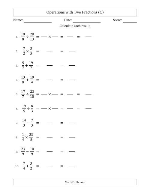 The Operations with Proper and Improper Fractions with Equal Denominators, Mixed Fractions Results and No Simplifying (Fillable) (C) Math Worksheet
