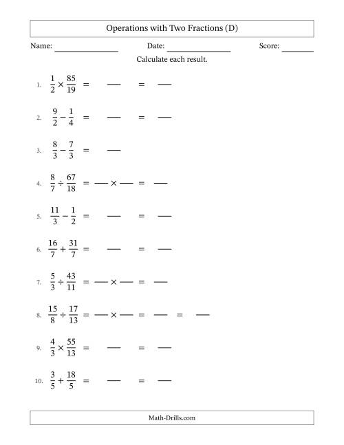 The Operations with Proper and Improper Fractions with Equal Denominators, Mixed Fractions Results and No Simplifying (Fillable) (D) Math Worksheet