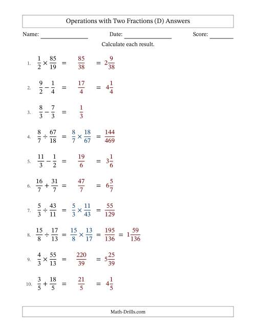 The Operations with Proper and Improper Fractions with Equal Denominators, Mixed Fractions Results and No Simplifying (Fillable) (D) Math Worksheet Page 2