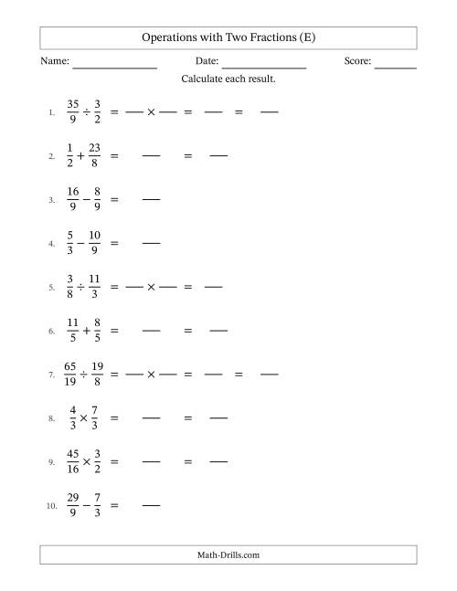 The Operations with Proper and Improper Fractions with Equal Denominators, Mixed Fractions Results and No Simplifying (Fillable) (E) Math Worksheet