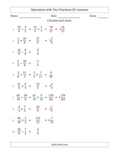 The Operations with Proper and Improper Fractions with Equal Denominators, Mixed Fractions Results and No Simplifying (Fillable) (E) Math Worksheet Page 2