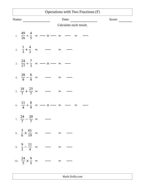 The Operations with Proper and Improper Fractions with Equal Denominators, Mixed Fractions Results and No Simplifying (Fillable) (F) Math Worksheet