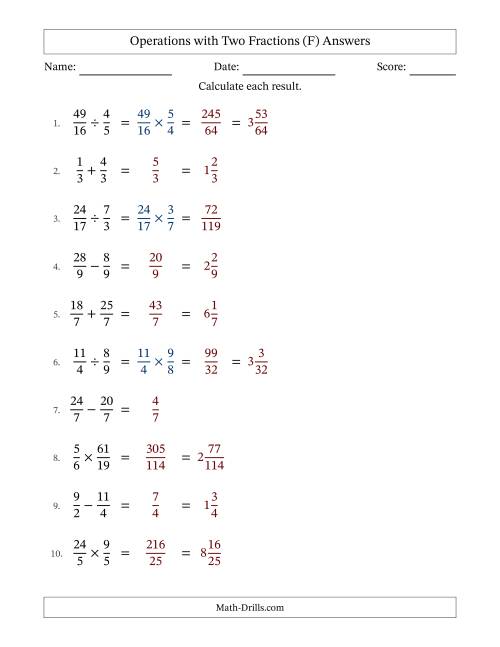 The Operations with Proper and Improper Fractions with Equal Denominators, Mixed Fractions Results and No Simplifying (Fillable) (F) Math Worksheet Page 2