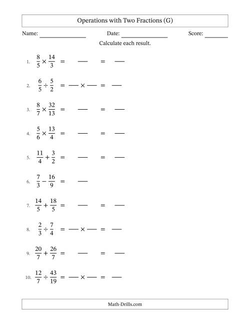 The Operations with Proper and Improper Fractions with Equal Denominators, Mixed Fractions Results and No Simplifying (Fillable) (G) Math Worksheet