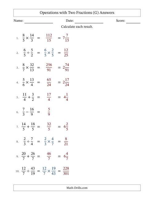 The Operations with Proper and Improper Fractions with Equal Denominators, Mixed Fractions Results and No Simplifying (Fillable) (G) Math Worksheet Page 2