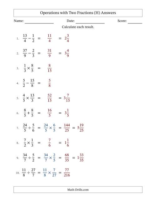 The Operations with Proper and Improper Fractions with Equal Denominators, Mixed Fractions Results and No Simplifying (Fillable) (H) Math Worksheet Page 2