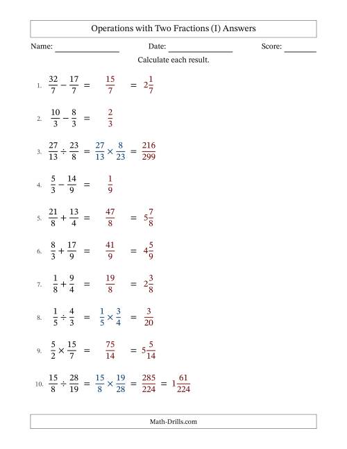 The Operations with Proper and Improper Fractions with Equal Denominators, Mixed Fractions Results and No Simplifying (Fillable) (I) Math Worksheet Page 2