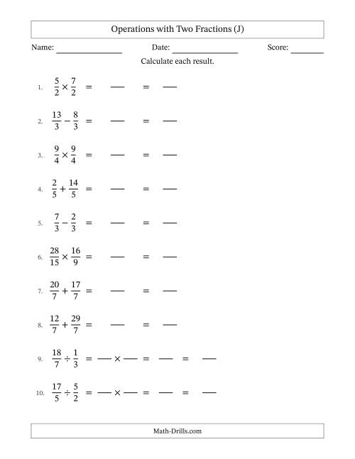 The Operations with Proper and Improper Fractions with Equal Denominators, Mixed Fractions Results and No Simplifying (Fillable) (J) Math Worksheet