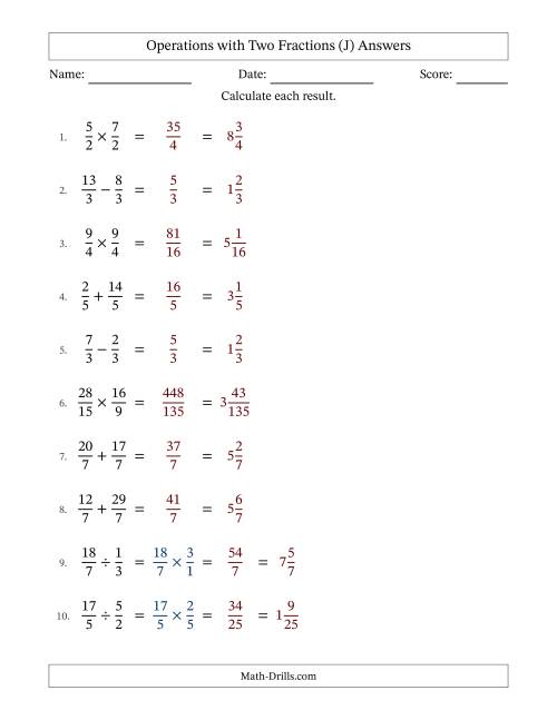 The Operations with Proper and Improper Fractions with Equal Denominators, Mixed Fractions Results and No Simplifying (Fillable) (J) Math Worksheet Page 2