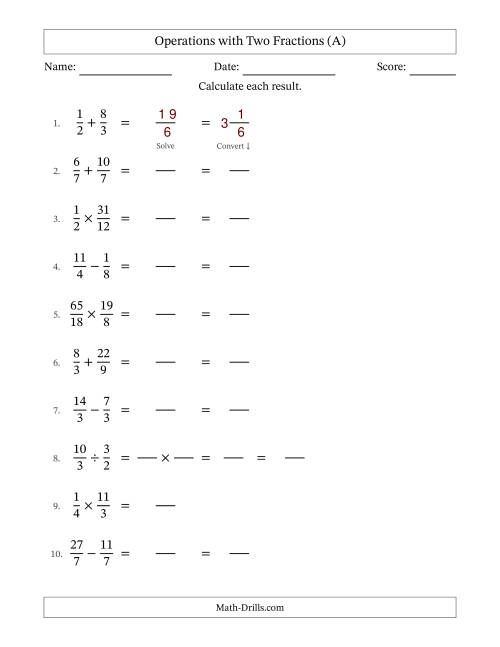 The Operations with Proper and Improper Fractions with Equal Denominators, Mixed Fractions Results and No Simplifying (Fillable) (All) Math Worksheet