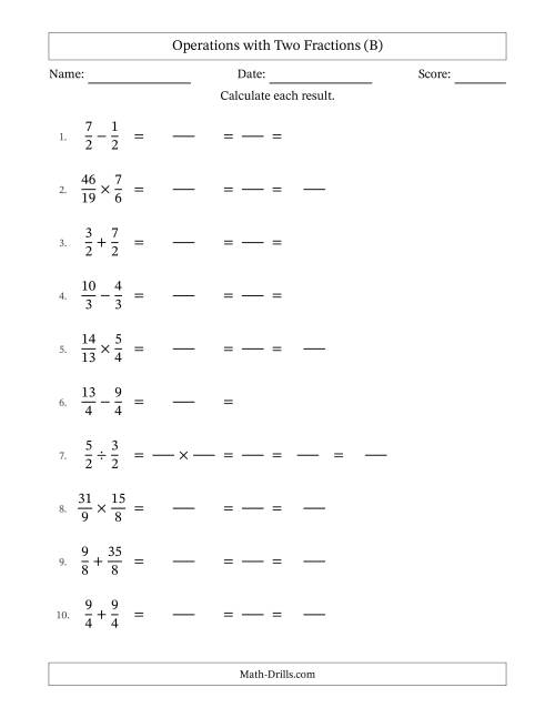 The Operations with Proper and Improper Fractions with Equal Denominators, Mixed Fractions Results and All Simplifying (Fillable) (B) Math Worksheet