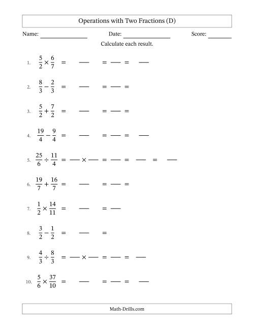 The Operations with Proper and Improper Fractions with Equal Denominators, Mixed Fractions Results and All Simplifying (Fillable) (D) Math Worksheet