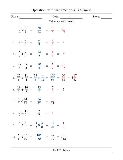 The Operations with Proper and Improper Fractions with Equal Denominators, Mixed Fractions Results and All Simplifying (Fillable) (D) Math Worksheet Page 2