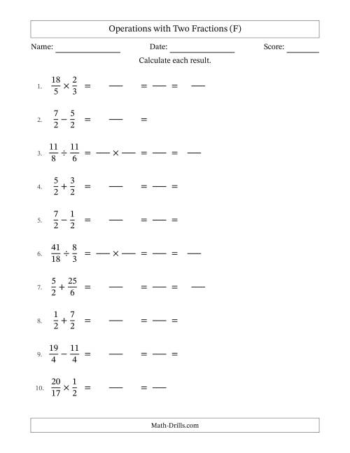 The Operations with Proper and Improper Fractions with Equal Denominators, Mixed Fractions Results and All Simplifying (Fillable) (F) Math Worksheet