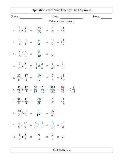 The Operations with Proper and Improper Fractions with Equal Denominators, Mixed Fractions Results and All Simplifying (Fillable) (G) Math Worksheet Page 2