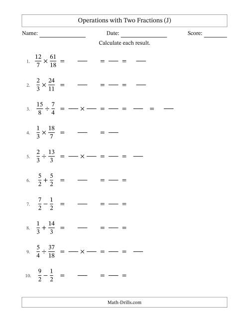 The Operations with Proper and Improper Fractions with Equal Denominators, Mixed Fractions Results and All Simplifying (Fillable) (J) Math Worksheet