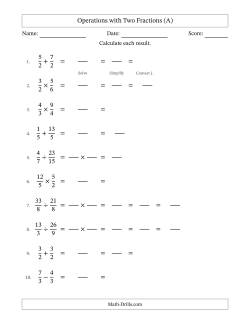 Operations with Proper and Improper Fractions with Equal Denominators, Mixed Fractions Results and Some Simplifying (Fillable)