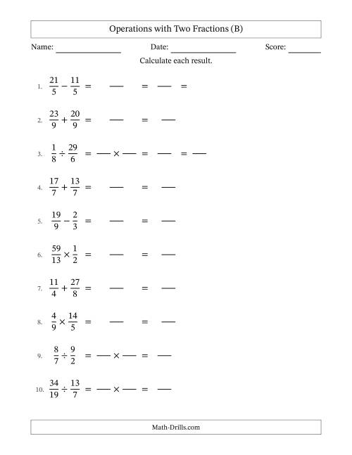 The Operations with Proper and Improper Fractions with Equal Denominators, Mixed Fractions Results and Some Simplifying (Fillable) (B) Math Worksheet