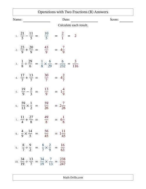 The Operations with Proper and Improper Fractions with Equal Denominators, Mixed Fractions Results and Some Simplifying (Fillable) (B) Math Worksheet Page 2