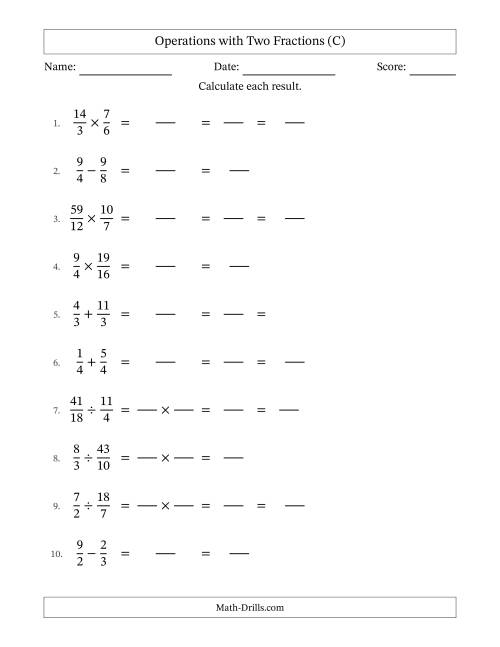 The Operations with Proper and Improper Fractions with Equal Denominators, Mixed Fractions Results and Some Simplifying (Fillable) (C) Math Worksheet