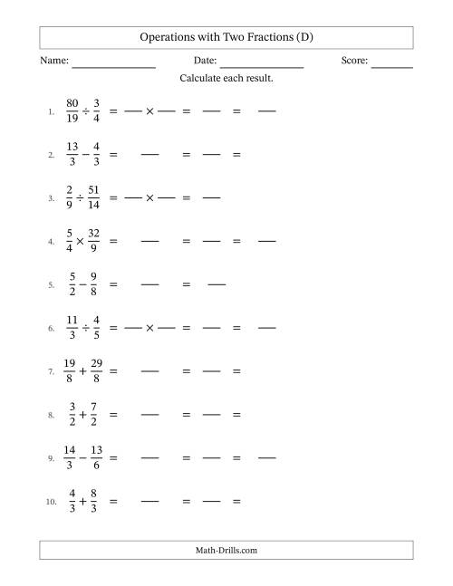 The Operations with Proper and Improper Fractions with Equal Denominators, Mixed Fractions Results and Some Simplifying (Fillable) (D) Math Worksheet