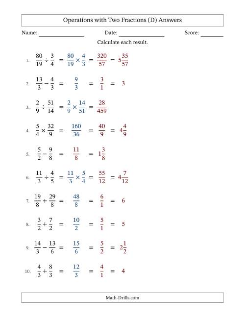 The Operations with Proper and Improper Fractions with Equal Denominators, Mixed Fractions Results and Some Simplifying (Fillable) (D) Math Worksheet Page 2