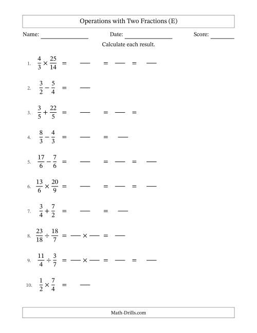 The Operations with Proper and Improper Fractions with Equal Denominators, Mixed Fractions Results and Some Simplifying (Fillable) (E) Math Worksheet