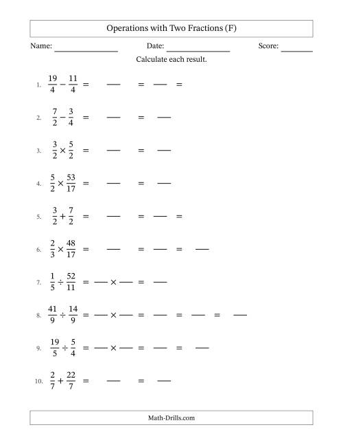 The Operations with Proper and Improper Fractions with Equal Denominators, Mixed Fractions Results and Some Simplifying (Fillable) (F) Math Worksheet