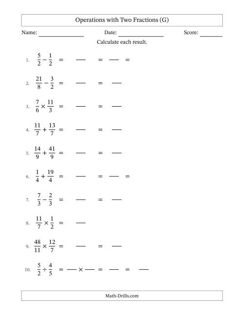 The Operations with Proper and Improper Fractions with Equal Denominators, Mixed Fractions Results and Some Simplifying (Fillable) (G) Math Worksheet