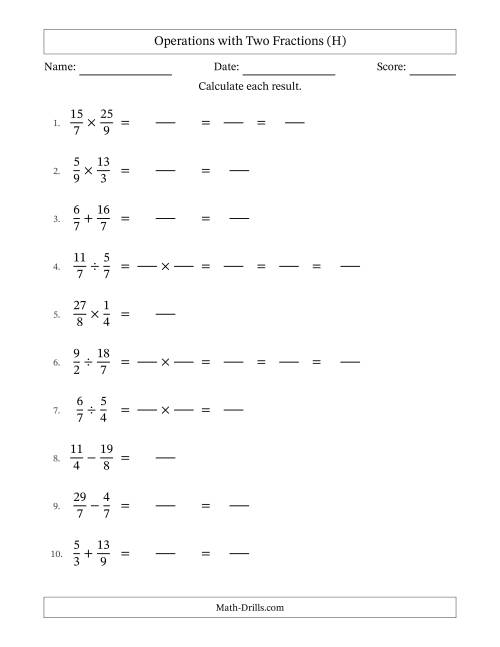 The Operations with Proper and Improper Fractions with Equal Denominators, Mixed Fractions Results and Some Simplifying (Fillable) (H) Math Worksheet