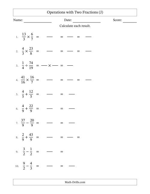 The Operations with Proper and Improper Fractions with Equal Denominators, Mixed Fractions Results and Some Simplifying (Fillable) (J) Math Worksheet