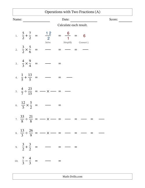 The Operations with Proper and Improper Fractions with Equal Denominators, Mixed Fractions Results and Some Simplifying (Fillable) (All) Math Worksheet