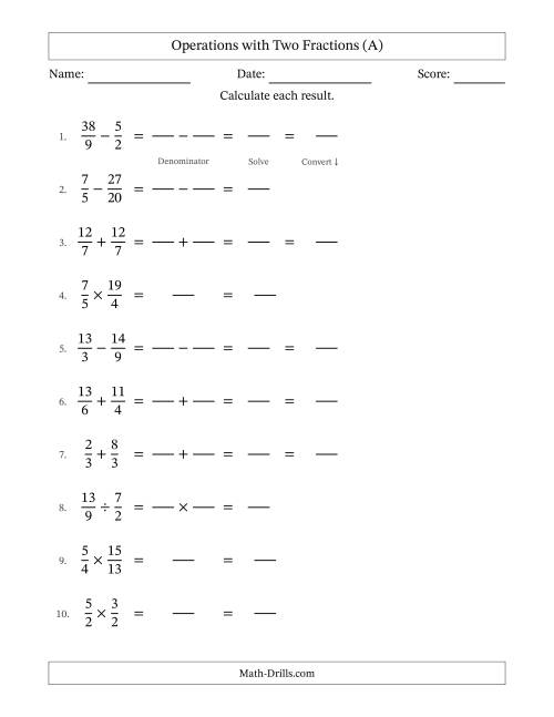 The Operations with Proper and Improper Fractions with Similar Denominators, Mixed Fractions Results and No Simplifying (Fillable) (A) Math Worksheet