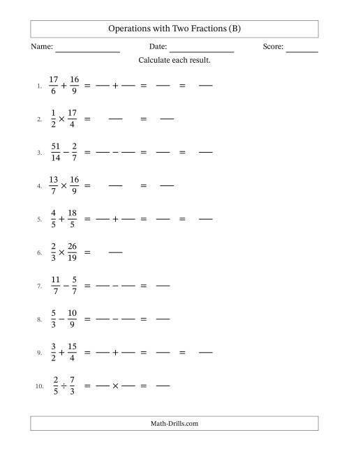 The Operations with Proper and Improper Fractions with Similar Denominators, Mixed Fractions Results and No Simplifying (Fillable) (B) Math Worksheet
