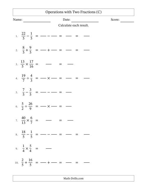 The Operations with Proper and Improper Fractions with Similar Denominators, Mixed Fractions Results and No Simplifying (Fillable) (C) Math Worksheet