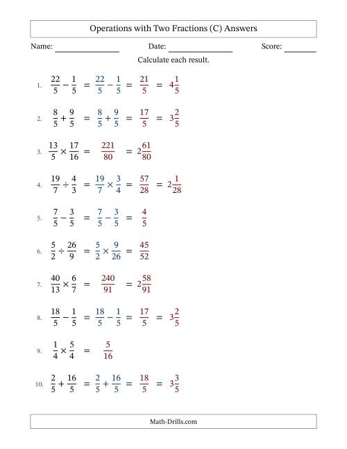 The Operations with Proper and Improper Fractions with Similar Denominators, Mixed Fractions Results and No Simplifying (Fillable) (C) Math Worksheet Page 2