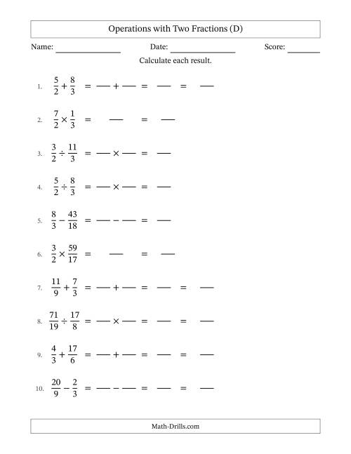 The Operations with Proper and Improper Fractions with Similar Denominators, Mixed Fractions Results and No Simplifying (Fillable) (D) Math Worksheet