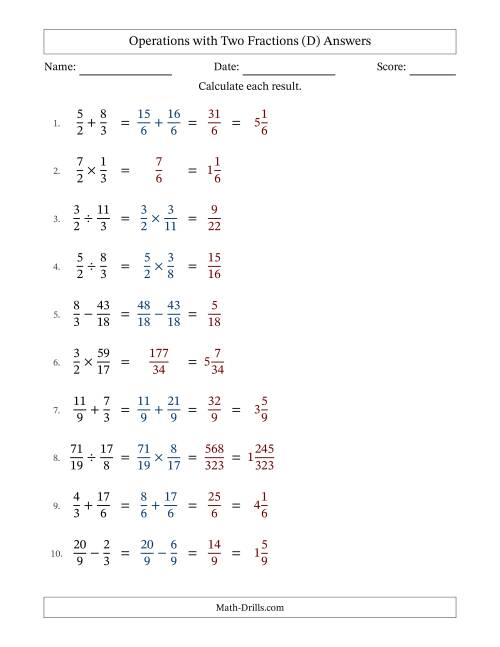 The Operations with Proper and Improper Fractions with Similar Denominators, Mixed Fractions Results and No Simplifying (Fillable) (D) Math Worksheet Page 2