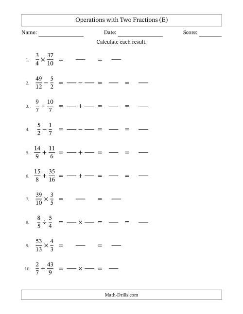 The Operations with Proper and Improper Fractions with Similar Denominators, Mixed Fractions Results and No Simplifying (Fillable) (E) Math Worksheet